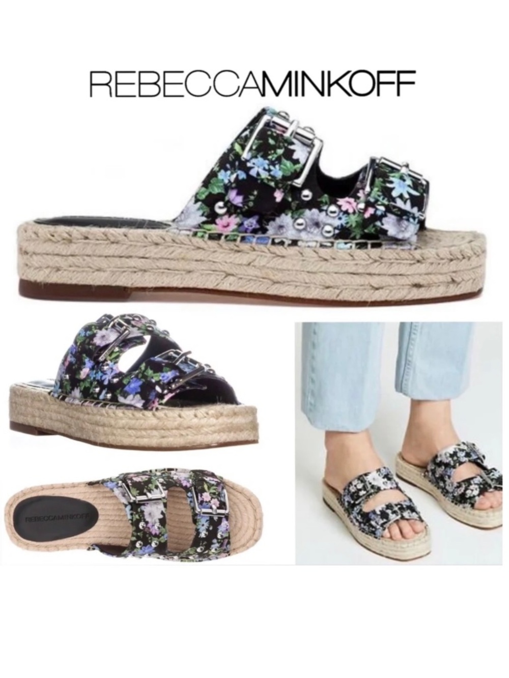 REBECCA MINKOFF JODI SANDAL BLACK FLOWER PRINT Slide Espadrilles Mule Sandals 8